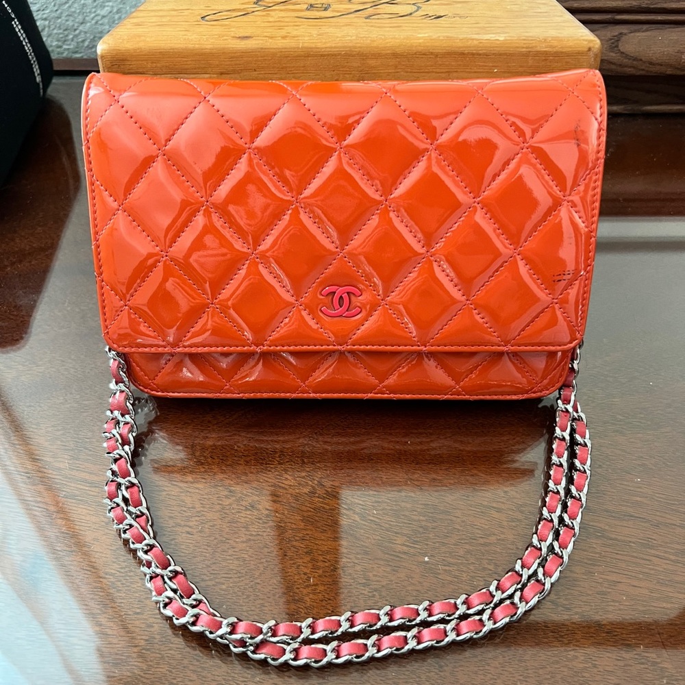 Chanel patent tangerine wallet on chain
